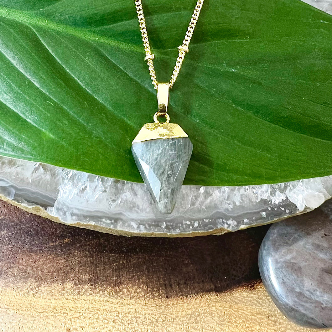 Faceted Shield Labradorite Minimalist Crystal Pendant 14” + 2