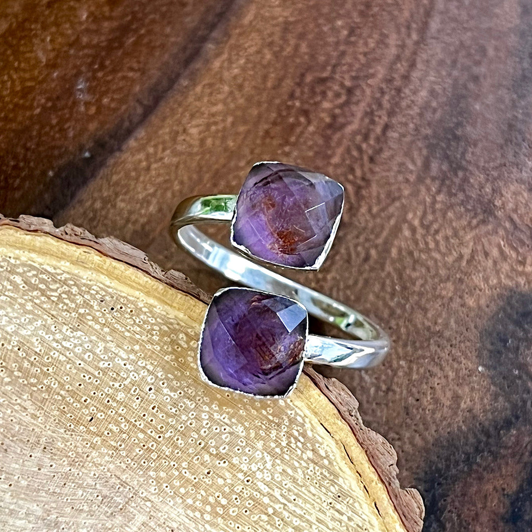 Amethyst Faceted Diamond Energetic Queen & Manifestation Adjustable White Gold Ring