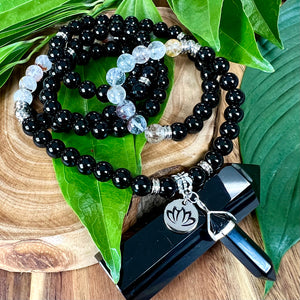 Garden Quartz Black Onyx Shadow Work & Lasting Change 108 Stretch Mala Necklace Bracelet