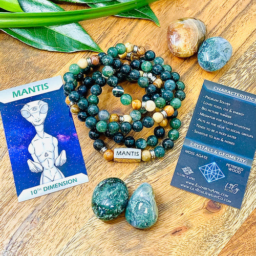 👽 Raising Vibration Sale! 🔥 Limited Time - 8mm Elizabeth April Channeled Mantis Sacred Geometry Limited Edition Cosmic Species Stretch Mala Bracelet Necklace