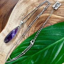 Load image into Gallery viewer, Chevron Amethyst Long Teardrop Spiritual Intuition Crystal Pendant 18” White Gold Necklace