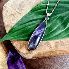 Load image into Gallery viewer, Chevron Amethyst Long Teardrop Spiritual Intuition Crystal Pendant 18” White Gold Necklace