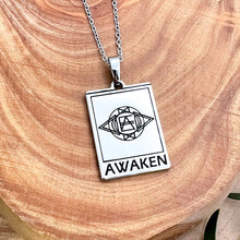Load image into Gallery viewer, Elizabeth April EA Awaken 2 Sided Channeled &amp; Attuned Evil Eye Protection Cosmic Species Sacred Geometry Card Tag Pendant 18” White Gold Necklace
