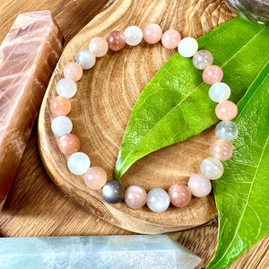 Rainbow Moonstone, Peach Moonstone, Black Moonstone & Sunstone Quad Power TOTAL Bliss 8mm Stretch Bracelet