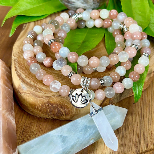 Rainbow Moonstone, Peach Moonstone, Black Moonstone & Sunstone Quad Power TOTAL Bliss 108 Stretch Mala Necklace Bracelet