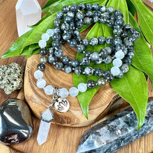 Load image into Gallery viewer, Limited Evil Eye Protection Labradorite Larvakite Pyrite Hematite Selenite Satin Spar 108 Hand Knotted Mala with Point Charm Pendant Necklace