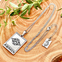 Load image into Gallery viewer, Elizabeth April EA Awaken 2 Sided Channeled &amp; Attuned Evil Eye Protection Cosmic Species Sacred Geometry Card Tag Pendant 18” White Gold Necklace