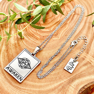 Elizabeth April EA Awaken 2 Sided Channeled & Attuned Evil Eye Protection Cosmic Species Sacred Geometry Card Tag Pendant 18” White Gold Necklace