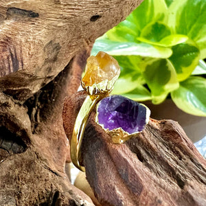 LAST ONE! Amethyst & Citrine Duo Power Energetic Manifestation Adjustable Gold Ring