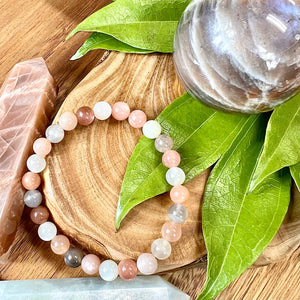 Rainbow Moonstone, Peach Moonstone, Black Moonstone & Sunstone Quad Power TOTAL Bliss 8mm Stretch Bracelet