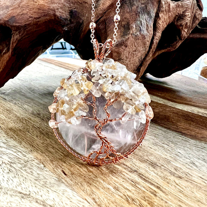 Tree of Life Wire Wrapped Rose Quartz Citrine Healing Crystal Circle Pendant 30” Rose Gold Necklace