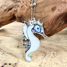 Load image into Gallery viewer, Inner Peace Abalone &amp; Mother of Pearl Seahorse XL Pendant 30” White Gold Necklace