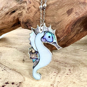 Inner Peace Abalone & Mother of Pearl Seahorse XL Pendant 30” White Gold Necklace