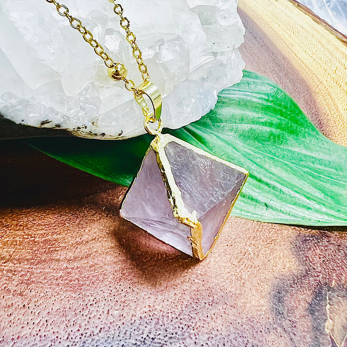 Harmonizing Fluorite Natural Cube Pyramid Pendant 30” Gold Necklace