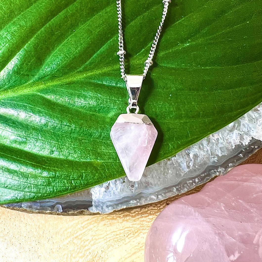 Faceted Shield Rose Quartz Minimalist Crystal Pendant 14” + 2