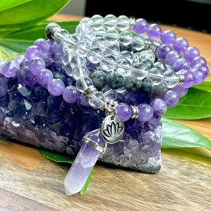 Limited Edition Triple Power Intention Labradorite, Amethyst, Clear Quartz 108 Mala Necklace Bracelet