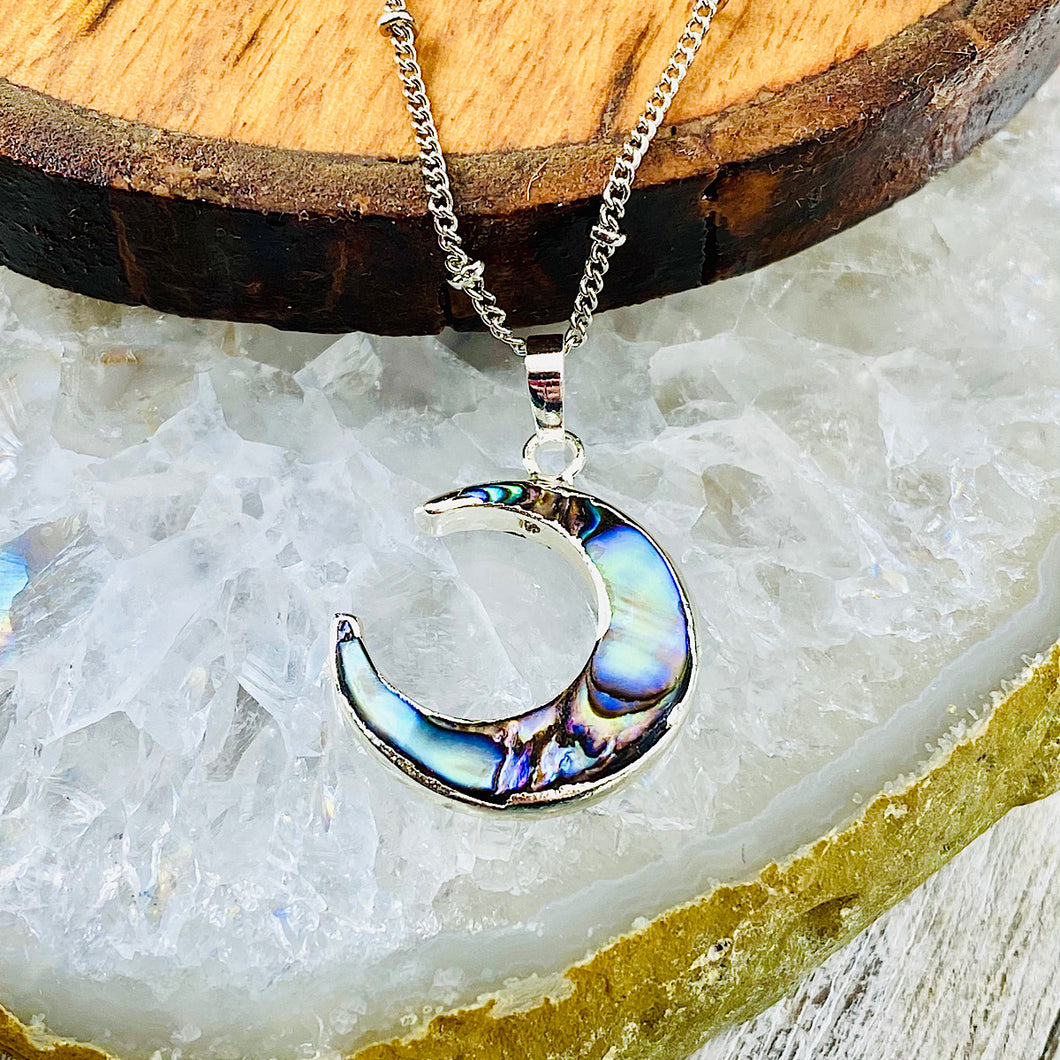 Power Moon Abalone Shell Pendant 18” White Gold Necklace