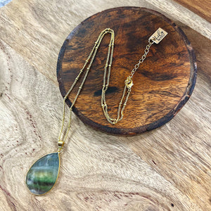 Fluorite Large Teardrop Spiritual Confidence Pendant 18" Gold Necklace