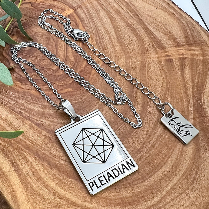 Elizabeth April EA Pleiadian 2 Sided Channeled & Attuned Evil Eye Protection Cosmic Species Sacred Geometry Card Tag Pendant 18” White Gold Necklace