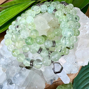 NEW STONE! Prehnite with Epidote & Black Tourmaline Grade AA Prophecy & Magic 108 Mala Necklace Bracelet