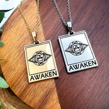 Load image into Gallery viewer, Elizabeth April EA Awaken 2 Sided Channeled &amp; Attuned Evil Eye Protection Cosmic Species Sacred Geometry Card Tag Pendant 18” White Gold Necklace