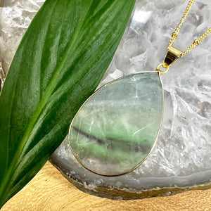 Fluorite Large Teardrop Spiritual Confidence Pendant 18" Gold Necklace