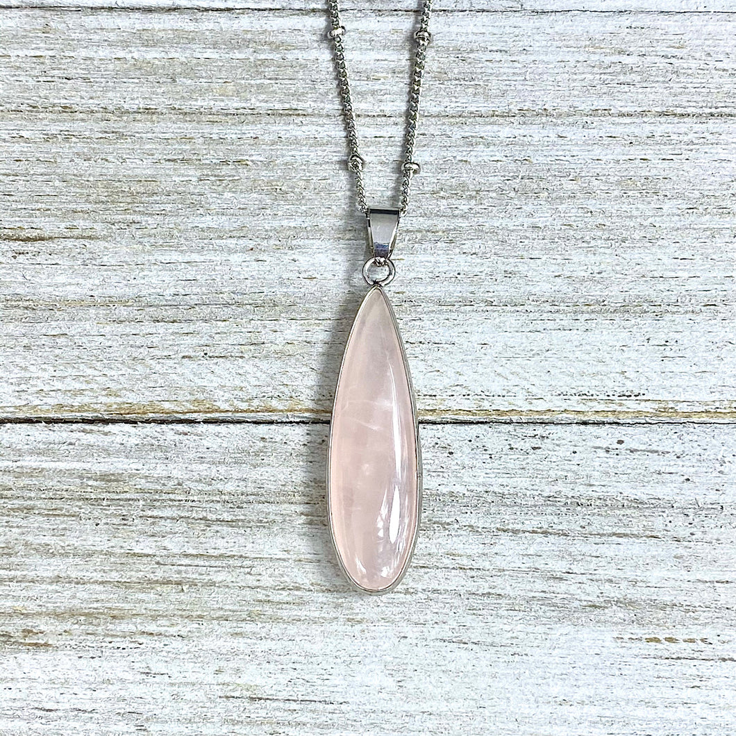 Rose Quartz Energy of Love Faceted Point Crystal Pendant 18” White Gold Necklace