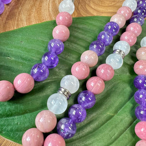 Unconditional Self Love Rhodonite Amethyst Satin Spar Selenite Rose Quartz 108 Mala Necklace Bracelet