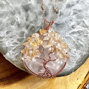 Tree of Life Wire Wrapped Rose Quartz Citrine Healing Crystal Circle Pendant 30” Rose Gold Necklace