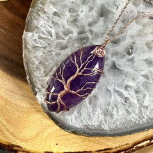 Load image into Gallery viewer, Tree of Life Amethyst Pointed Oval Wire Wrapped Pendant 30” Rose Gold Necklace