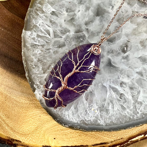 Tree of Life Amethyst Pointed Oval Wire Wrapped Pendant 30” Rose Gold Necklace