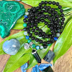 Limited Edition Spirit Master Black Onyx Elite Shungite Malachite Kyanite Labradorite Tourmaline 108 Hand Knotted Mala with Point Charm Pendant Necklace