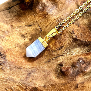 Blue Lace Agate Serenity Mini Tower Point Pendant 18" Gold Necklace