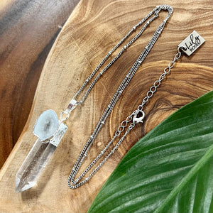 Clear Quartz with Lace Agate Druzy XL Crystal Pendant 18” White Gold Necklace