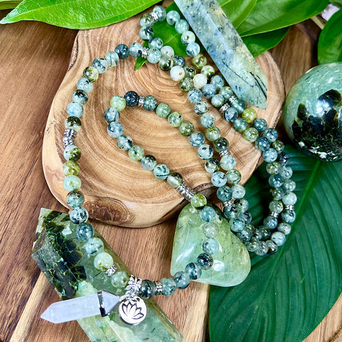 NEW STONE! Prehnite with Epidote & Black Tourmaline Grade A Prophecy & Magic 108 Mala Necklace Bracelet