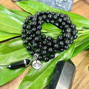 Elite Shungite Stone of Life EMF Radiation Protection & Purification Limited Premium Collection 108 Hand Knotted Mala with Point Charm Pendant Necklace