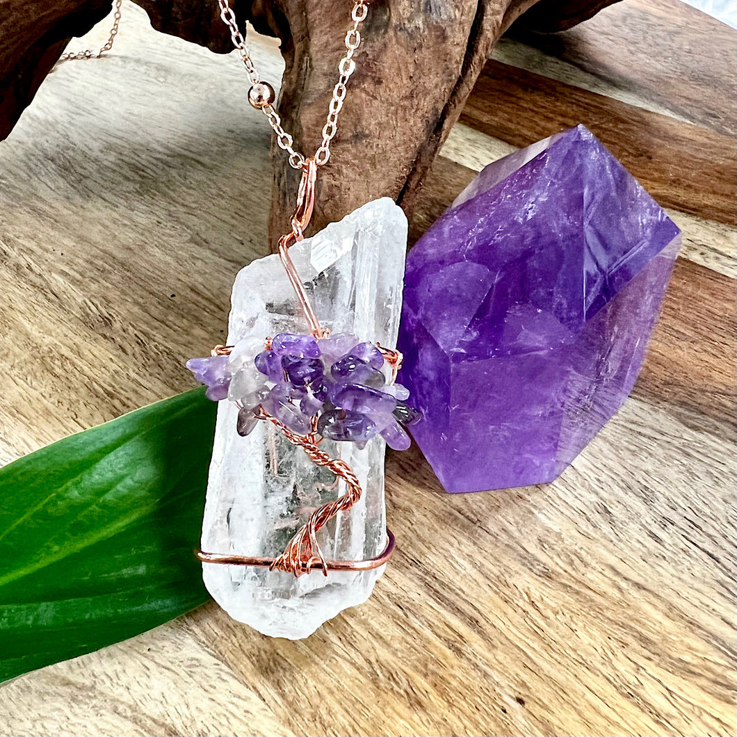 Tree of Life Wire Wrapped Amethyst Healing Crystal Clear Quartz Raw Pendant 30” Rose Gold Necklace