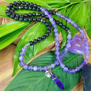 Only 3 Left! African Amethyst & Elite Shungite Third Eye Purify Premium Collection 108 Mala Necklace Bracelet