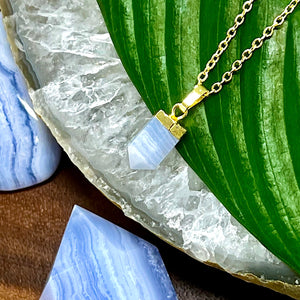 Blue Lace Agate Serenity Mini Tower Point Pendant 18" Gold Necklace