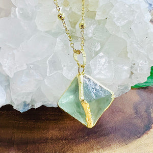 Harmonizing Fluorite Natural Cube Pyramid Pendant 30” Gold Necklace