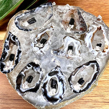 Load image into Gallery viewer, Inner Peace &amp; Protection Druzy Quartz Geode Slice with Black Tourmaline Inside XL Pendant 18&quot; White Gold Necklace