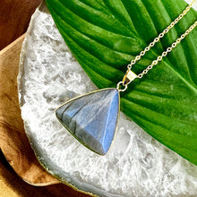 Load image into Gallery viewer, Geometric Triangle Medium Soft Labradorite Pendant 18” Gold Necklace