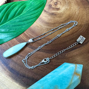 NEW STONE! Caribbean Calcite Long Teardrop Calm & Balance Crystal Pendant 18” White Gold Necklace