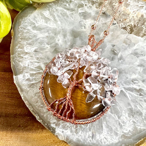 Tree of Life Tigers Eye Clear Quartz Wire Wrapped Healing Crystal Circle Pendant 30” Rose Gold Necklace