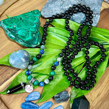 Load image into Gallery viewer, Limited Edition Spirit Master Black Onyx Elite Shungite Malachite Kyanite Labradorite Tourmaline 108 Hand Knotted Mala with Point Charm Pendant Necklace