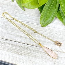 Load image into Gallery viewer, Rose Quartz Long Teardrop All Love Crystal Pendant 18” Gold Necklace