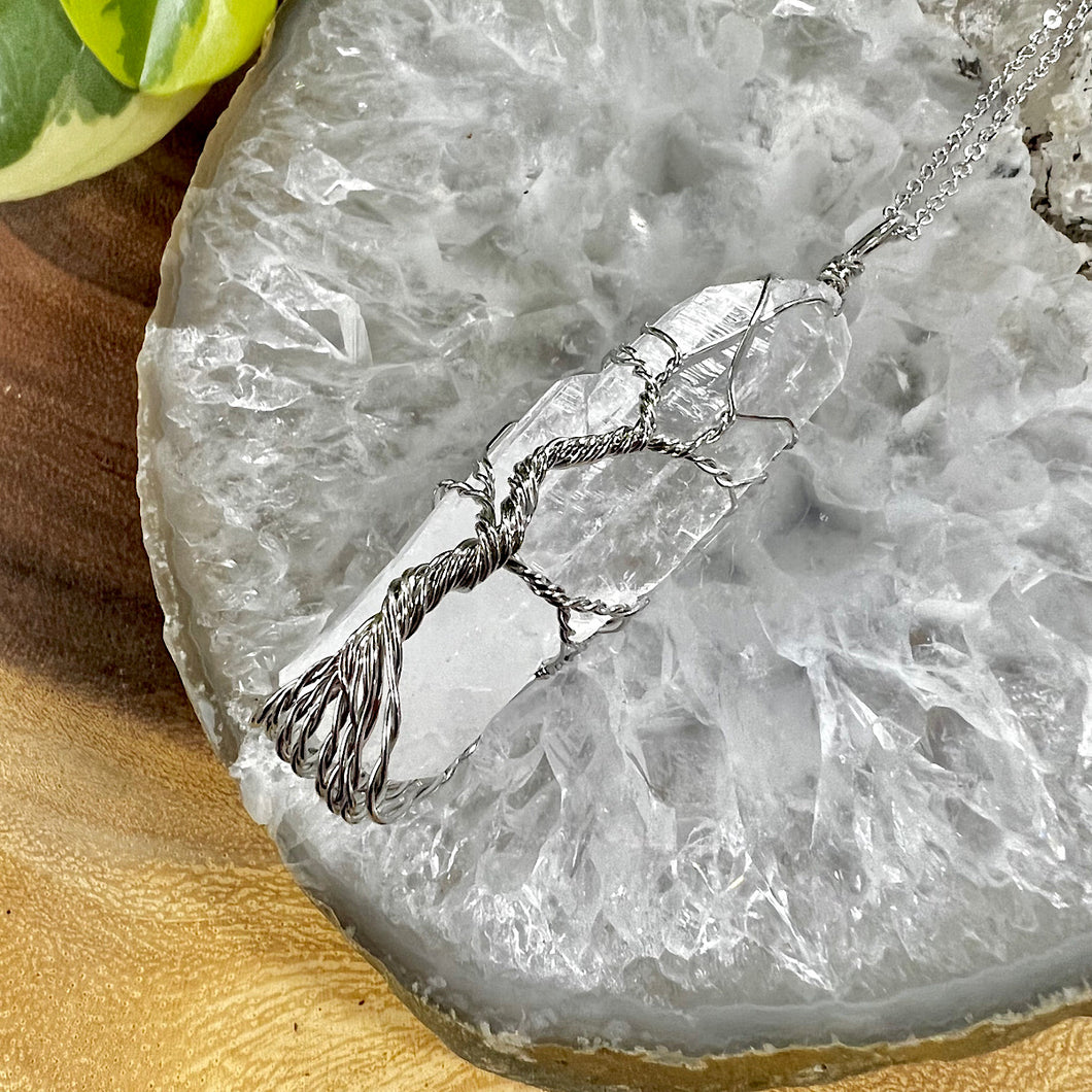 Tree of Life Crystal Clear Quartz Wire Wrapped Raw Pendant 30” White Gold Necklace
