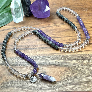 Limited Edition Triple Power Intention Labradorite, Amethyst, Clear Quartz 108 Mala Necklace Bracelet