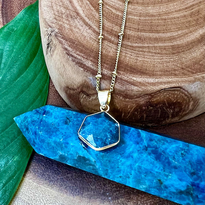 Blue Apatite Hexagon Manifestation Crystal Pendant 18” Gold Necklace