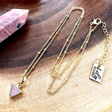 Load image into Gallery viewer, Rhodonite Mini Triangle Strength &amp; Compassion Crystal Pendant 18” Gold Necklace